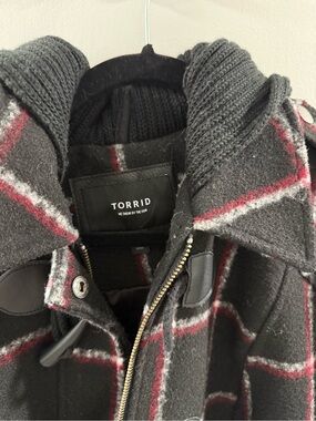 torrid Black Plaid Coat with Red & Gray Stripe Accents